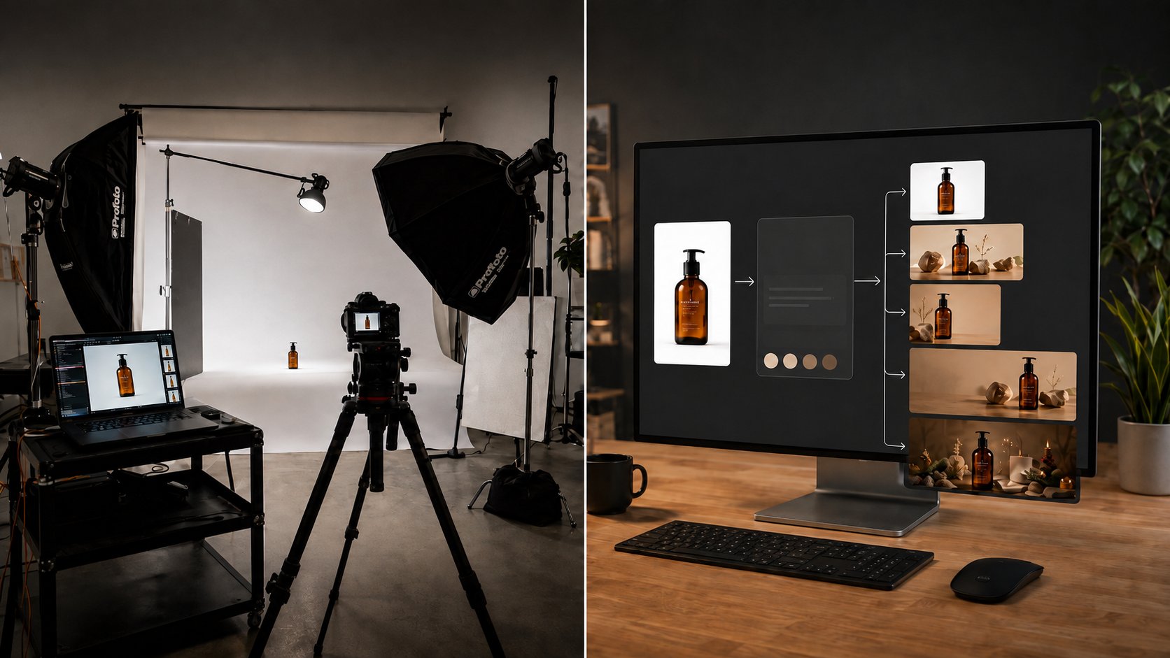 Before/after comparison of a product image produced through the traditional photography workflow versus the AI-assisted workflow
