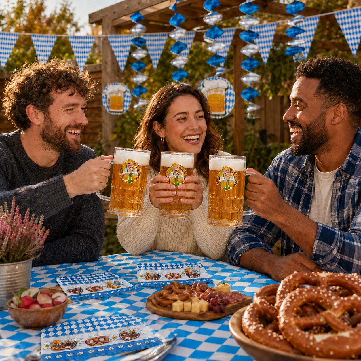 Three people toasting with Oktoberfest-branded beer glasses at an outdoor table, all three glasses filled with beer