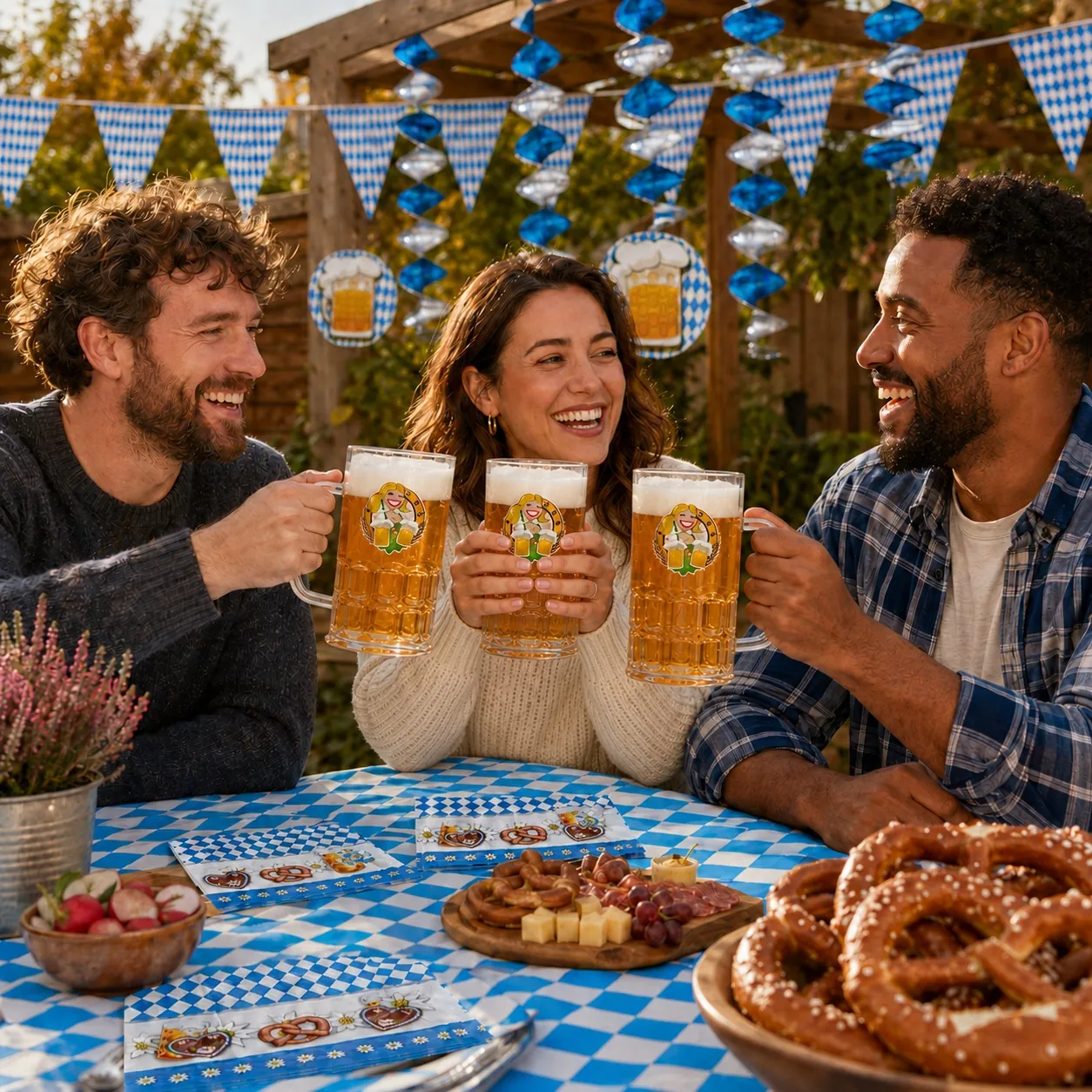 Three people toasting with Oktoberfest-branded beer glasses at an outdoor table, all three glasses filled with beer