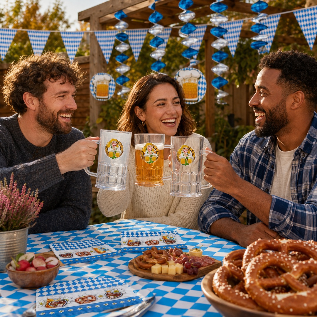 Three people toasting with Oktoberfest-branded beer glasses at an outdoor table, two of the three glasses empty